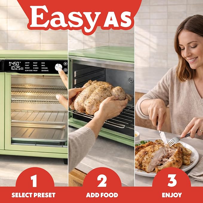 Gourmia French Door Air Fryer Oven - 37 Qt Large Capacity Convection Toaster Oven, FryForce 360°, Digital Display, 12 Cooking Presets, Dehydrate, Fits 13” Pizza, Dishwasher-Safe, Green