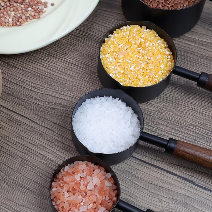Set of 4 Measuring Cups and Spoons Black Measuring Cups with Wooden Handle Stainless Steel Measuring Spoons and Scoops Set for Kitchen Flour Spice Seasoning Measurement (1+1/2+1/3+1/4 Cup)