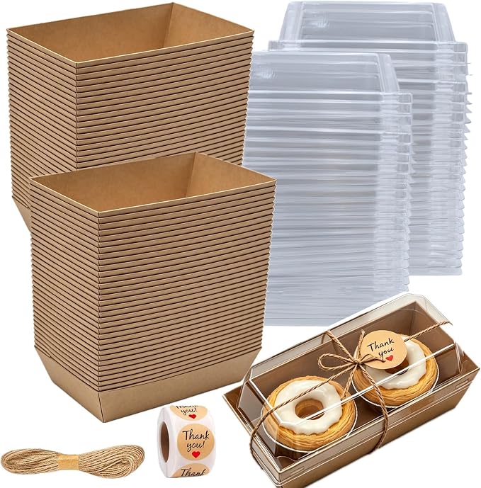 100 Pack Charcuterie Boxes with Clear Lids, Small To Go Food Containers, Disposable Kraft Bakery Treat Boxes for 2 Cupcakes, Cake Slice Sushi Strawberry with Stickers