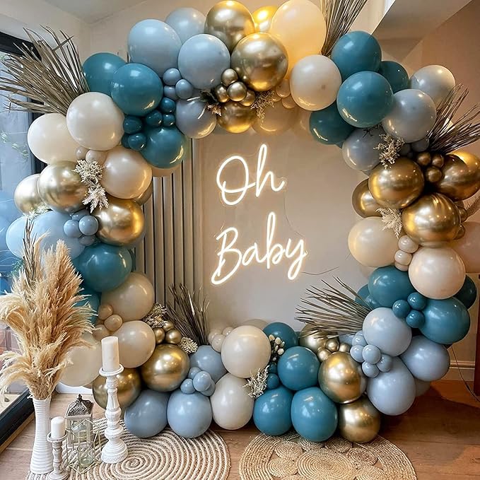 Dusty Blue Balloons Garland Kit, Fog Blue Royal Blue Pastel Blue Sand White Metallic Gold latex Balloons for Bridal Shower Wedding Anniversary Birthday Party Decorations Supplies