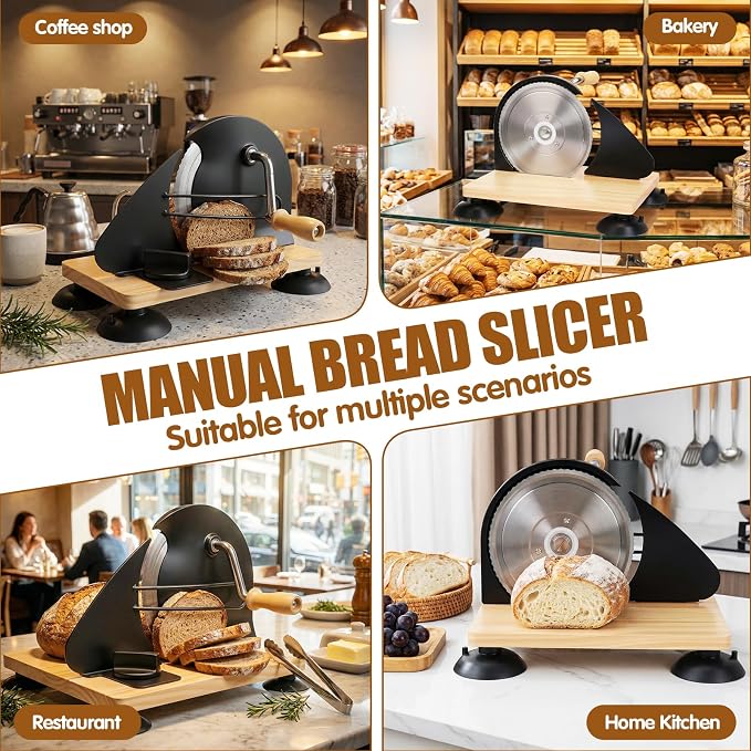 Manual Bread Slicer for Homemade Sourdough Bread, Adjustable Thickness & Evenly Slicing, Hand Crank Bread Slicer with Scale Line and Suction Cup, Serrated Blade Design, Patent Black