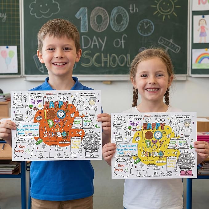 45pcs 100th Day of School for Kids Disposable Coloring Poster 100 Days Gifts School Classroom Activities Paper Table Mats Bulletin Board Decor