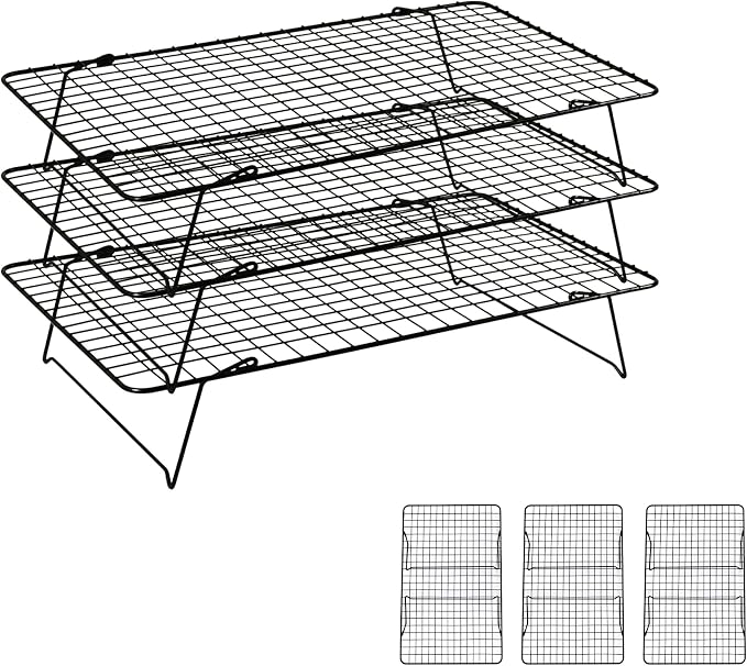 Cooling Rack, 3 Tier Stackable Cooling Racks for Cooking Baking Roasting, Multi-Level Collapsible Cookie Rack for Cakes, Oven Safe & Easy Clean (Black, 3-Tier)