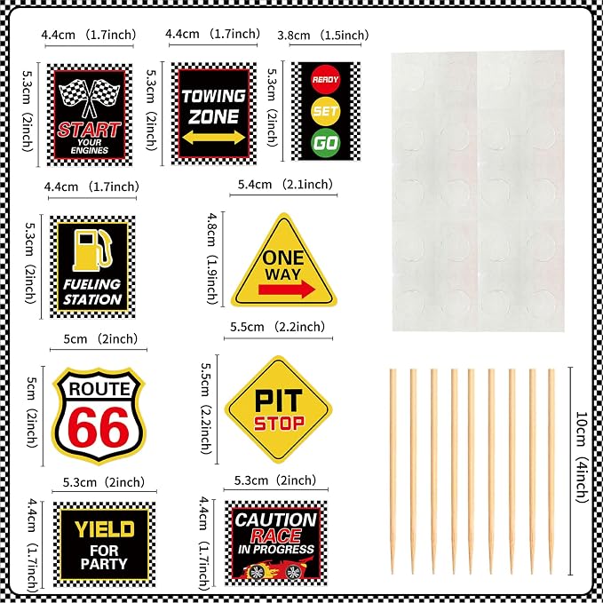 36PCS Race Car Cupcake Toppers Racing Warning Signs Party Decorations Baby Shower Drink Topper Boy Children Birthday Party Decorations Racing Theme Party Cake Decorations