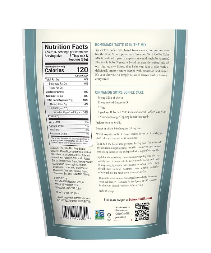 Bob's Red Mill Cinnamon Swirl Coffee Cake Baking Mix - 18.5 oz Bag (Pack of 4) - Simple Clean Ingredients, Homemade Taste, Non-GMO