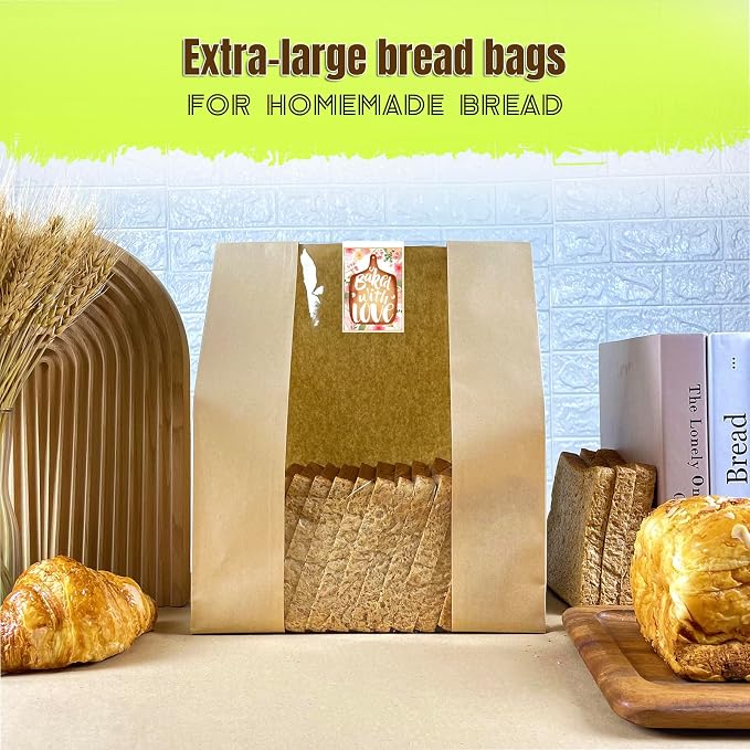 BIUBIU 16 x 10 x 5 Inches Extra Large Paper Bread Bags for Homemade Bread with Window and Sticker for XL Sourdough Bread, Supersized Loaf, Baked Goods, Packaging for Gifting - Brown Kraft 50 Pack