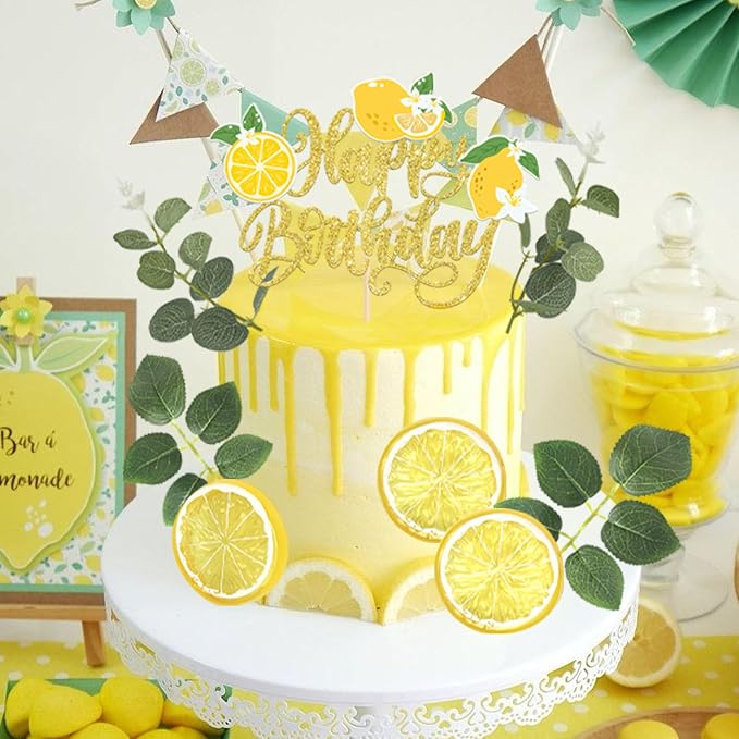 Rsstarxi Happy Birthday Cake Topper Decorations with Juicy Lemon Slices Leaves Cake Pick Decorations for Baby Shower Birthday Party DIY Cake Decorations