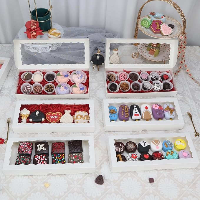 24pcs 12x5x1.5Inches White Bakery Boxes with Window Cookies Boxes Chocolate Truffle Boxes Cakesickle Boxes Macaron Boxes Browines Treat Boxes for Christmas Valentine's Easter Mother's Day