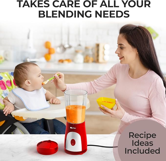 Mueller Heavy-Duty Personal Blender for Shakes and Smoothies with a 15 Oz Travel Cup and Lid, Juices, Baby Food, Portable Blender & Food Processor, Red