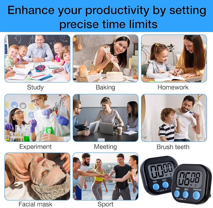 Leumoi 24 Pcs Digital Kitchen Timers Magnetic Back Timers Bulk Large Screen Loud Alarm On/Off Switch Minute Second Count up Countdown Memory Setting for Cooking Classroom Exercise(Black and Blue)