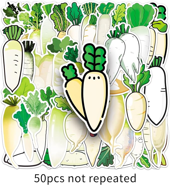 50 Pcs White Radish Stickers - Cute Kawaii Style Vegetable Decals for Journal, Kitchen, Laptop - Unique Funny Foodie Sticker Pack(White Radish)