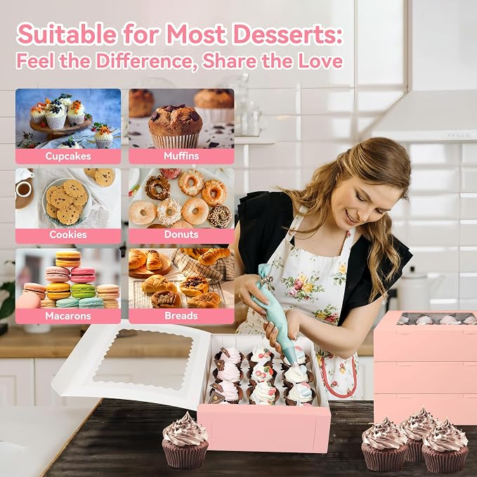 3-Set Cupcake Boxes Bulk with Clear Display Window Hold 12 Standard Cupcakes, Disposable Food Grade Pink Cupcake Carrier Cupcake Container, Perfect for Cupcakes Muffins Cookies Pastries