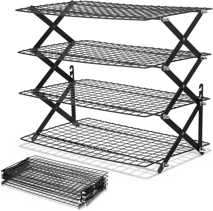 4 Tier Cooling Rack Adjustable Stackable Non-Stick Wire Rack Stainless Steel Baking Racks with Leak-Proof Mesh X-Shaped Structure for Roasting Cooking Cookies Cakes Drying Picnic Party
