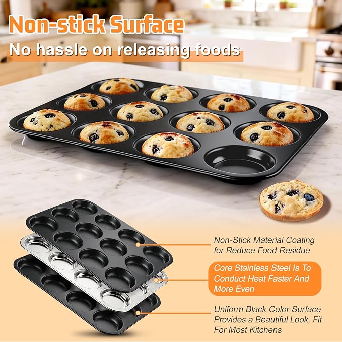 P&P CHEF 12-Cup Muffin Top Pan (2 Piece), Stainless Steel Muffin Pan Cupcake Tin with Shallow Side for Whoopie Pie & Yorkshire Pudding, Easy Clean & Oven Safe, Black