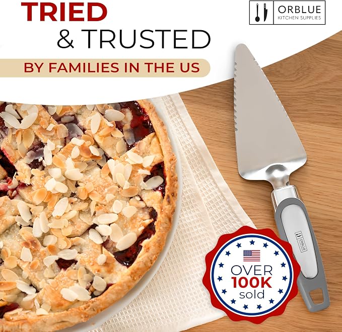 Orblue Pie Server, Essential Kitchen Tool, Serrated on Both Sides, Great for Right or Left Handed Chef, Stainless Steel Flatware, Cake Cutter, Gray