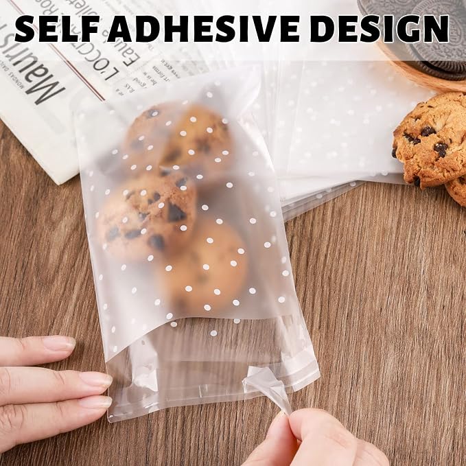 NPLUX 200PACK Self Sealing Cellophane Treat Bags Clear Cookie Bags for Gift Giving with Stickers, Party Favor, Graduation Gift Bags(White Polka Dot, 4X4INCH)