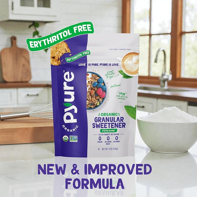 Pyure Organic Stevia Blend | Granulated Sugar Substitute with Zero Calories & Carbs | Keto, Diabetic & Vegan Friendly | Sugary Taste Alternative | USDA Organic, Non-GMO | Erythritol Free | Good For Baking | 2.5lb (40oz)