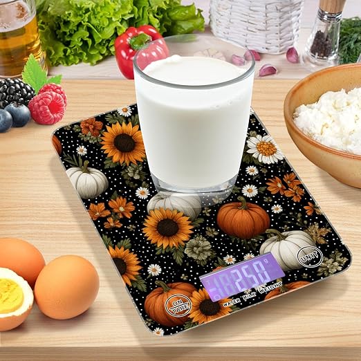 Food Scale Kitchen Scale for Baking Cooking Digital Food Weighing Measuring Scale Small Waterproof Electric Food Scale Black Dotty Pumpkins Sunflowers Daisy
