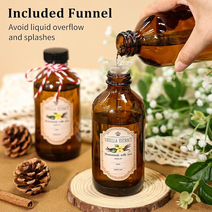 KEYWING 18 Pack 8oz Amber Glass Boston Round Bottles with Airtight Poly Cone Caps, Perfect Dispensing Bottles for Homemade Vanilla Extract, Syrups, Essential Oils, Holiday & Christmas Gift