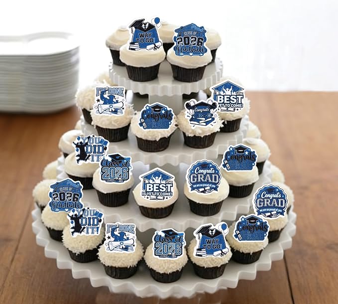 63 PCS Edible 2026 Graduation Cupcake Toppers Congrats Grad Cap Cupcake Picks Edible Diploma Done You Did it Cake Decorations for Class of 2026 Graduation Theme Party Decorations Supplies Black Blue