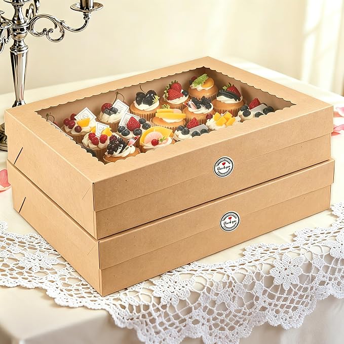 24 Count Cupcake Boxes, 4 Pack White Cupcake Containers with Windows and Inserts, Disposable Cupcake Carriers for Muffins, Treats, Pastries, 19 x 14 x 3.9 Inches (Brown, 24Count /4Pcs)