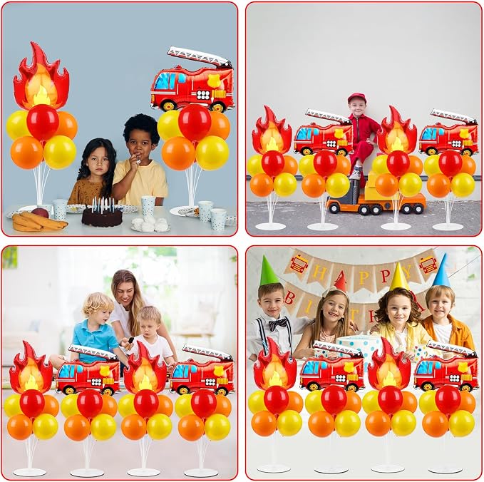 4 Sets Fire Party Balloons Stand Kit with Flame Fire Truck Foil Balloons Orange Yellow Red Party Balloon Centerpiece for Tables for Fireman Firefighter Rescue Themed Birthday Decorations