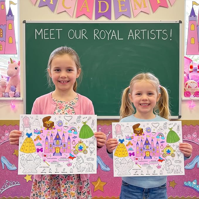 45pcs Princess Disposable Coloring Placemats Fairy Tale Crafts for Kids Birthday Party Favors Coloring Poster Castle Crown Unicorn Magic Tiara Activity Church Supplies Paper Table Mats