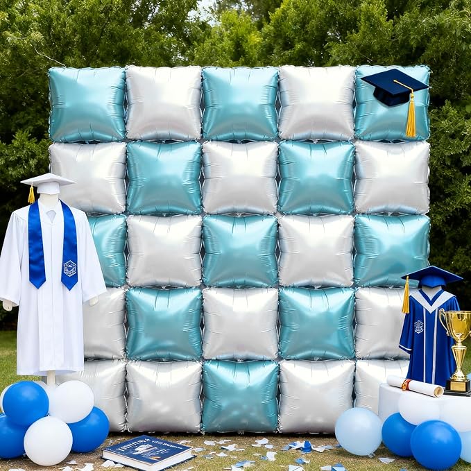 NISOCY 25PCS Pearl White and Light Blue Square Foil Balloons Wall Backdrop Double Sided Blue and White Balloons Arch Kit for Bridal Baby Shower Wedding Engagement Birthday Theme Party Decorations