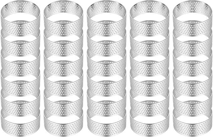 Kifmurase 30 Pack 2 Inch Stainless Steel Tart Rings, Heat-Resistant Perforated Cake Mousse Ring, Round Rings Baking Doughnut Tools Small Fruit Tarte Ring Molds for Cooking Dessert