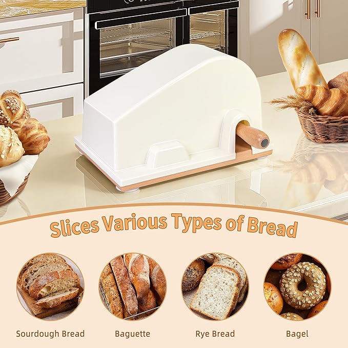 CAWIU Upgraded Manual Bread Slicer for Homemade Sourdough Bread - Adjustable Thickness Bread Cutter with Hand Crank, Suction Cups, Slicing Guide, Scale Line & Cover, for Perfect Even Slices (Black)