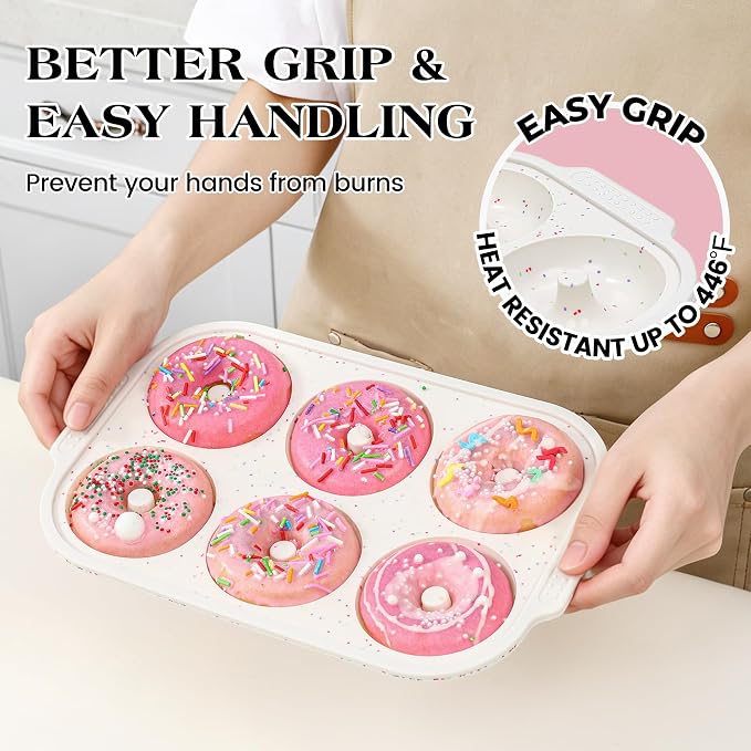 KASHME 2 Pcs Silicone Donut Pan for Baking with Metal Reinforced Frame Nonstick 6 Cavity Donut Molds Doughnut Tray 3.25 Inch Large Bagel Molds(Cream)