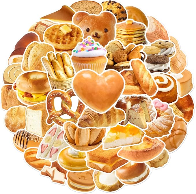 Delicious Bread Stickers 50PCS Vintage Food Stickers Waterproof Vinyl Aesthetic Decals for Scrapbook, Water Bottles, Laptops, Cup, Scrapbook, Diary, Perfect for Kids Teens Foodies Bakers