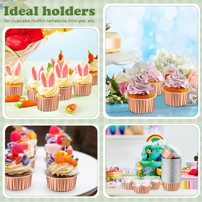 200 Pack Aluminum Foil Cupcake Liners with Lids, 5 oz Round Baking Cup, Disposable Ramekin Container for Graduation Wedding Independence Day Party(Rose Gold,Plain)