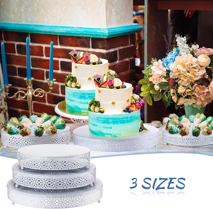 Wenqik 3 Pcs Cake Stand 16'' 14'' 12'' Round Metal Cake Stand Bases Display Holder Cookies Serving Tray Display Plate Cupcake Dessert Pastry Riser for Wedding Birthday Party(Vintage Style, White)