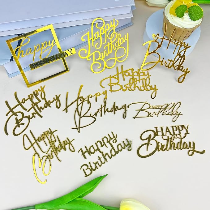 40 PCS Gold Happy Birthday Cake Toppers Mirror Acrylic Toppers with 10 Styles or Birthday Party Cake Desserts Pastries