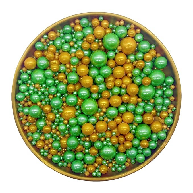 Dynastang Mixed Size Dark Green & Gold Pearls Sprinkles Edible Pearls Cake Decorations Cupcake Toppers Decorating Perfect for Cakes, Cupcakes, Desserts 3OZ