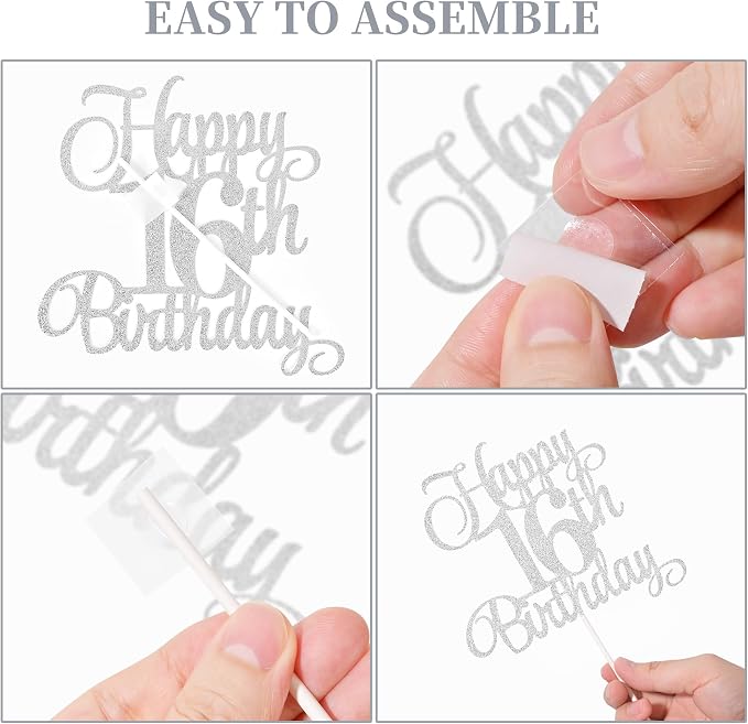 16th Birthday Cake Decorations, 16th Birthday Candles Cake Numeral Candles and Glitter Happy 16th Birthday Cake Toppers Set for Birthday Party Supplies (Silver)