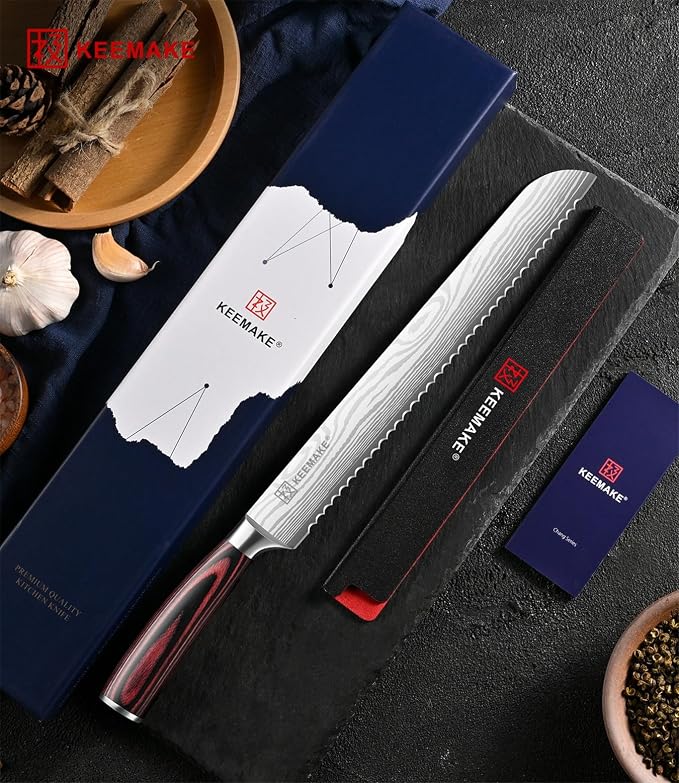 KEEMAKE 10 Inch Bread Knife for Homemade Bread - Ultra Sharp for Serrated Sourdough, Crusty Artisan Loaves, Bagels & Cake, High Carbon Stainless Steel Slicing Knife with Cover & Dad Gift Box