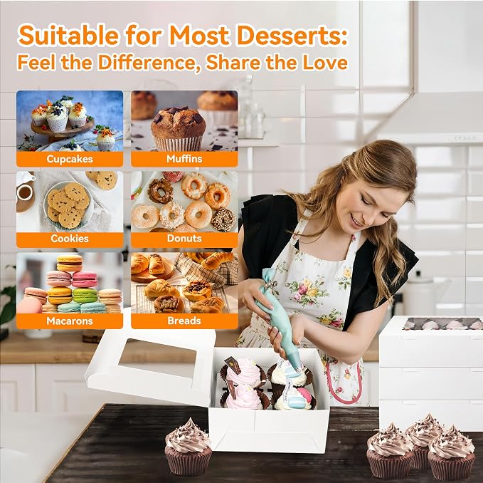 30-Set Cupcake Boxes Bulk with Clear Display Window Hold 4 Standard Cupcakes, Disposable Food Grade White Cupcake Carrier Cupcake Container, Perfect for Cupcakes Muffins Cookies Pastries