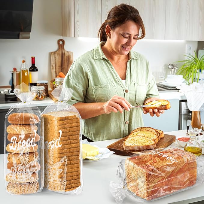 Nicunom 200 Pack Bread Loaf Packing Bags with Ties, Printed Bread Bag for Homemade Bread or Bakery, 8” x 4” x 18”, Reusable Plastic Bread Bags, Large Bread Storage Bags Adjustable