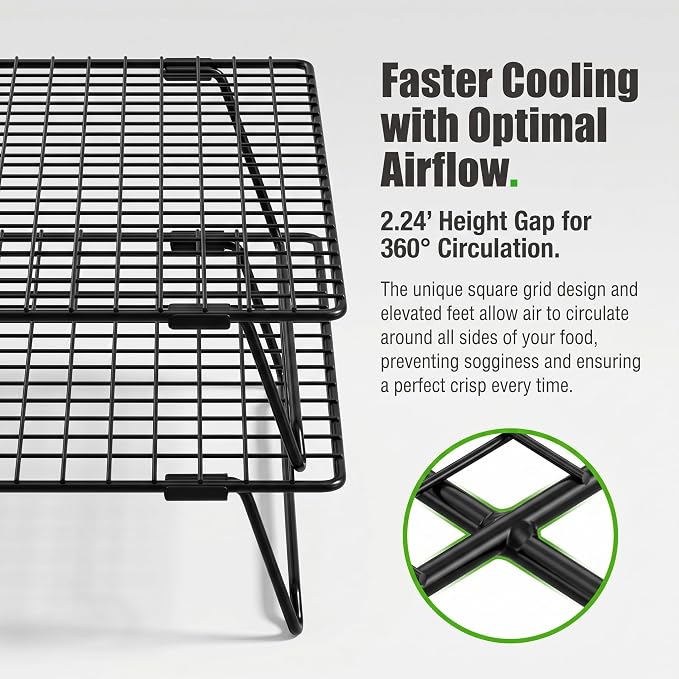 2 Pack Cooling Racks for Cooking and Baking, 13.4"x9.4" Nonstick Carbon Steel Wire Baking Rack, Foldable Cooling Racks for Cooking and Baking, 2-Tier Roasting and Drying Rack With 100 PCS Baking Paper | Foldable Legs,Stackable,Anti-slip,Smooth,Square g...