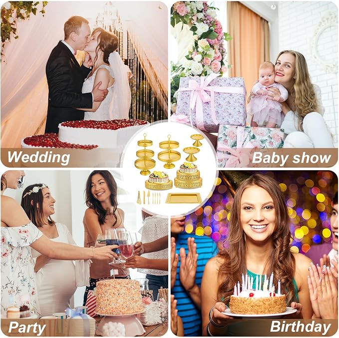 Wenqik 16 Pcs Gold Cake Stand Set Metal Dessert Display Set Tiered Cupcake Holder Square Serving Trays Round Tower Tray Platter for Wedding Birthday Party Celebration (Exquisite Style)