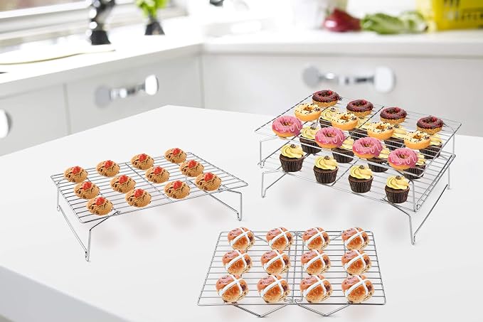P&P CHEF 4-Tier Cooling Rack Set, Stainless Steel Stackable Baking Cooking Racks for Cooling Roasting Cooking, Raised & Folding Feet, Oven Safe & Easy Clean, 15" x 10", Silver