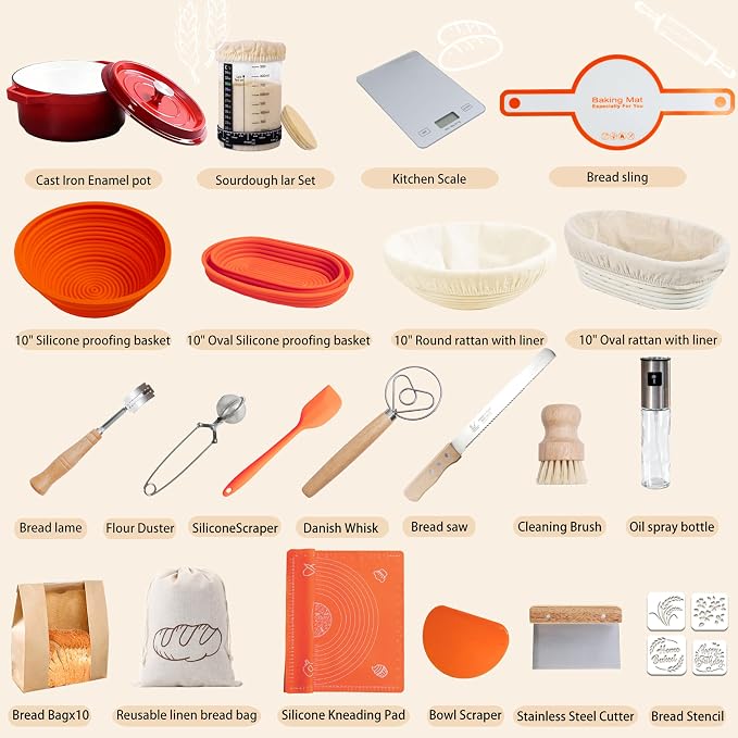 All-Inclusive Sourdough Starter Kit with Enameled Cast Iron Dutch Oven & Scale - Premium Bread Making Tools with 4 Banneton Proofing Baskets, Beginner Guide, Sling, 34oz Starter Jar, Best Baking Gifts