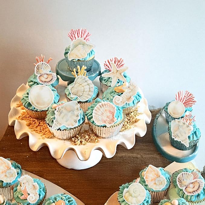 Gyufise 60Pcs Edible Sea Shell Cupcake Toppers Starfish Conch Seahorse SeaShell Cupcake Picks Edible Beach Party Decorations for Under the Sea Baby Shower Wedding Birthday Party Cake Decors Supplies