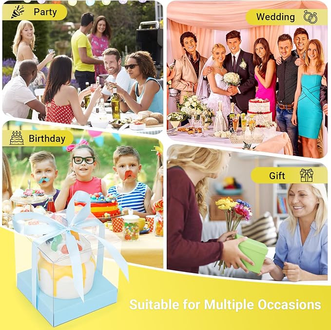 EUSOAR Plastic Cupcake Wrappers, 12pcs 3.5 Inch Clear Individual Tall Cupcake Box Containers for Cake, Single Transparent Cupcake Holder Carrier with Ribbons and Inserts for Wedding Party Favor-Blue