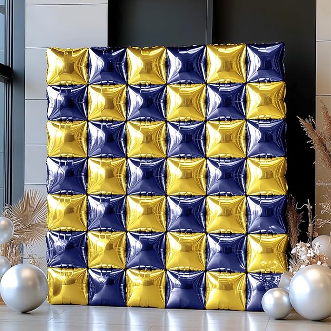 NISOCY 25PCS Blue Gold Square Foil Balloons Wall Backdrop Double Sided Navy Blue Gold Balloons Arch Kit for Birthday Graduation Baby Shower Wedding Anniversary Party Decorations
