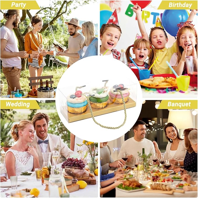 EUSOAR Clear Cupcake Boxes, 40 Pcs 9"x3"x3" Gold Dessert Pastry Holder 3 Compartments with Handle, Rectangular Portable Muffins Cupcake Containers Cookies Wrappers for Birthday Wedding Party Bakery