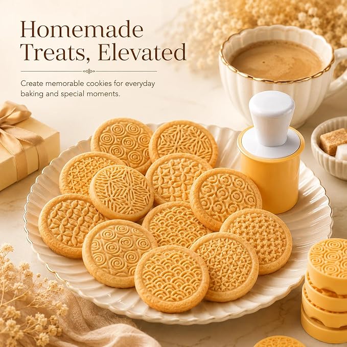Silicone Cookie Stamps Set for Baking - Geo Geometric Figure Cookie Stamps with Handle and 6 Silicone Stamps High Heat Resistant to 480°F Yellow Color | Geometric stamp patterns; 2.75 in round cutter; compact nesting case for baking, fondant and biscui...