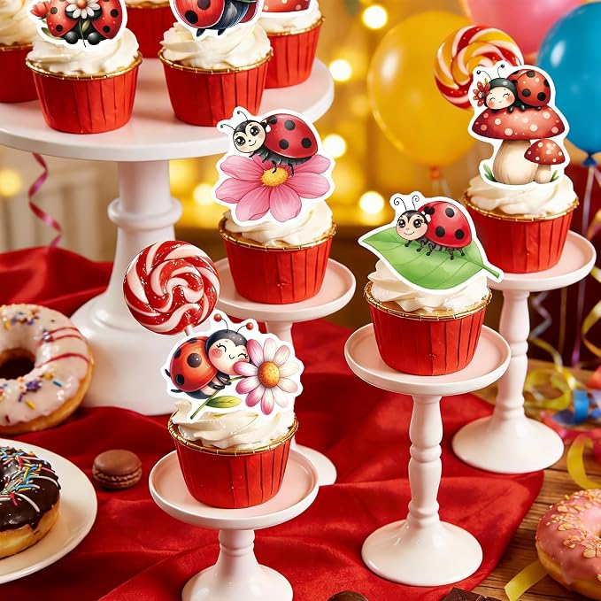 72PCS Edible Ladybug Cupcake Toppers Wafer Paper Flowers Insects Cake Decorations Picks for Baby Shower Kids Birthday Party Cake Decorations Supplies
